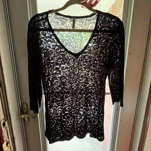 Cubism Women's Sheer Black Top w/ 3/4 Sleeve Swirls Witchy Fairy Grunge Goth 90s